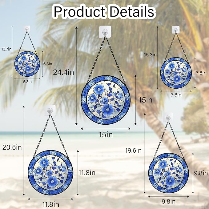 Stained Glass Window Hanging, Blue and White Plum Blossom Sun Catcher for Door Home Decor Flowers Suncatcher Christmas Mother's Day Birthday Gifts for Women Men Mom and Nana 9.8 in