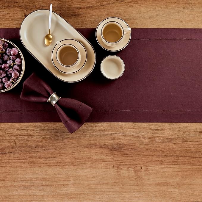 Solino Home Linen Burgundy Table Runner 108 Inches Long - 100% Pure Linen 14 x 108 Inch Table Runner for Fall, Autumn, Thanksgiving, Christmas - Classic Hemstitch