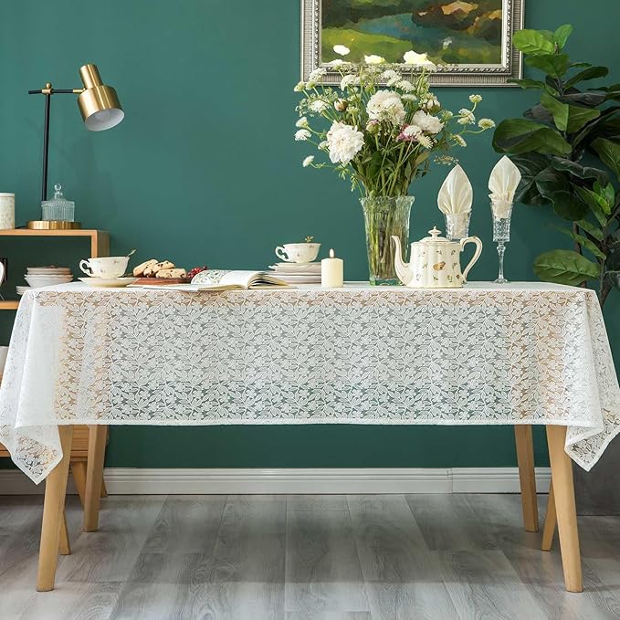 Lace Tablecloth Leaf Pattern Warp Knitting Fabric Solid White Rectangle/Oblong Table Cover for Kitchen Dining Farmhouse Wedding Party Decor Ivory, 55x120 Inch
