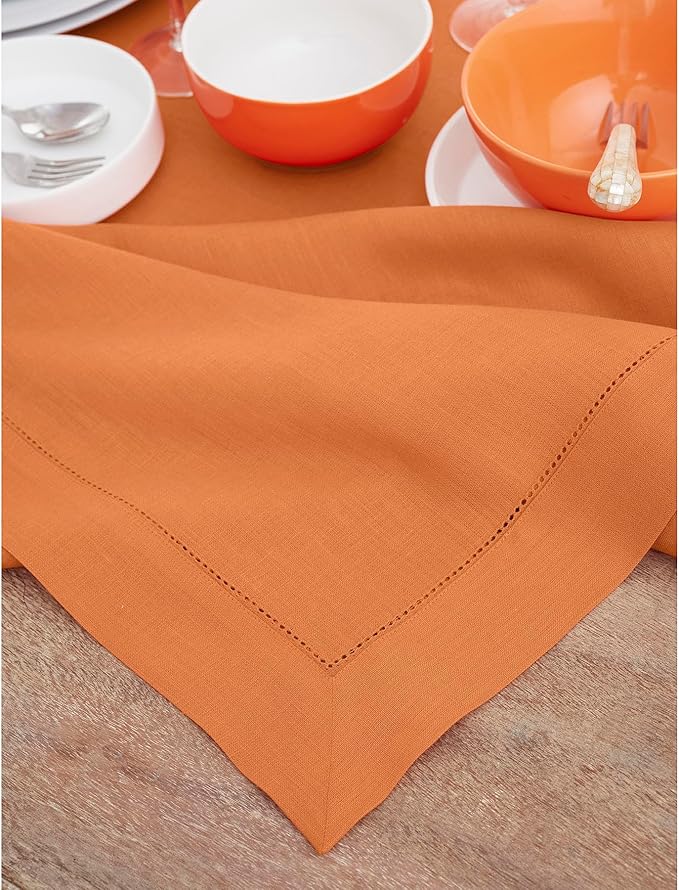 Solino Home Linen Tablecloth 60 x 156 Inch - Classic Hemstitch 100% Pure Linen Pumpkin Table Cloth for Rectangle Tables - Machine Washable Tablecloth for Fall, Autumn, Halloween, Thanksgiving