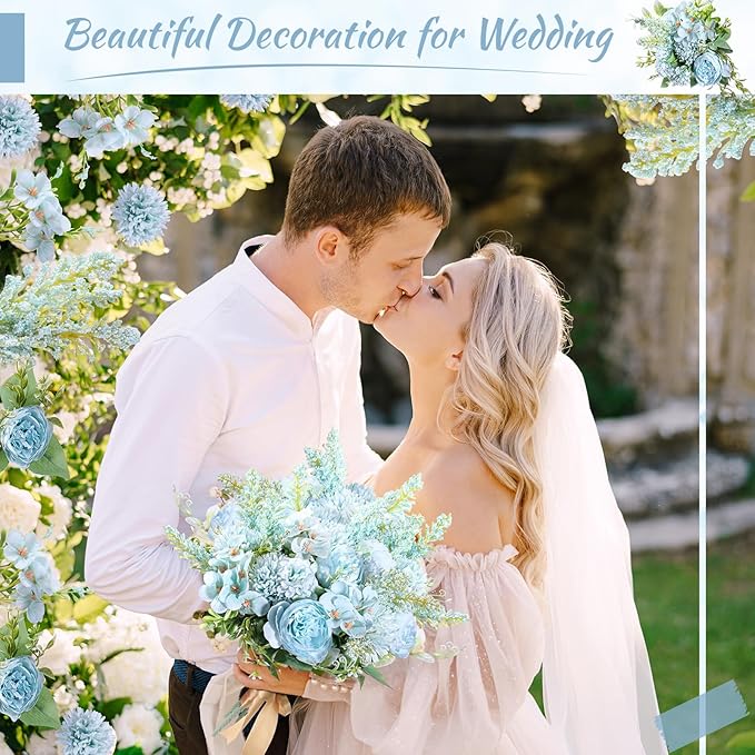 Zeyune 8 Pcs Wedding Silk Flowers Fake Silk Flowers Faux Bouquet Hydrangea Bouquets for Wedding Birthday Party Table Centerpieces Home Decoration(Blue,Peony)