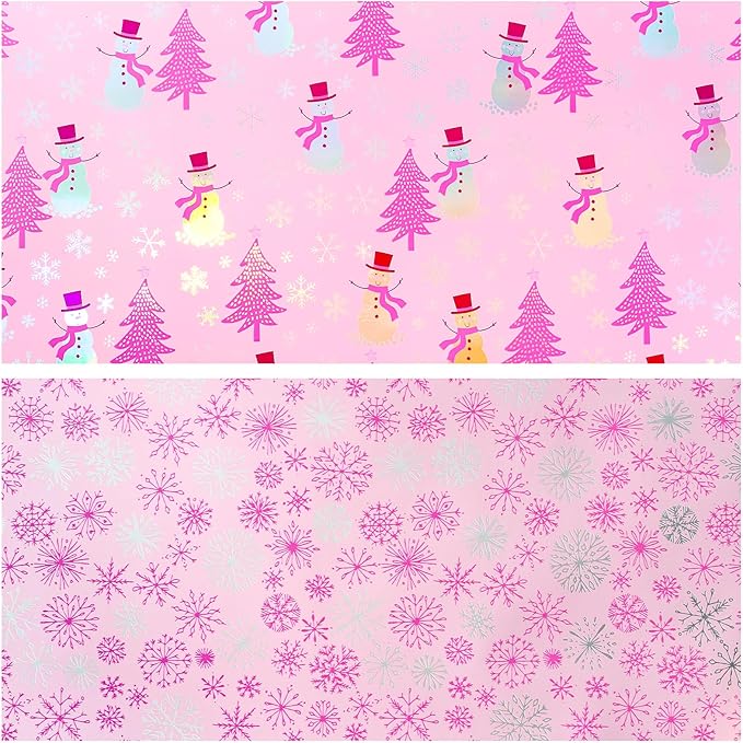 LeZakaa Christmas Pink Wrapping Paper Mini Roll, Snowman Christmas Tree & Snowflake Metallic Foil, Rose Gold Foil Reversible Design for Festive Winter Holiday, Family Gathering, 17 inches x 32.8 Feet