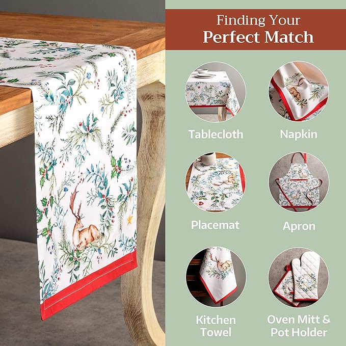 Maison d' Hermine Table Runner 100% Cotton Single Layer Table Runners 72 inches Long for Thanksgiving Christmas Decorations Home Kitchen Dining Party Wedding (Holly Time, 14.5" x 72")