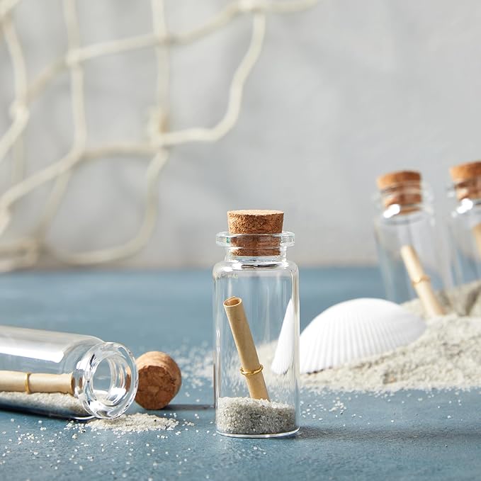 Bright Creations 48 Pack 10ml Create A Message In A Bottle Kit, Bulk Small Glass Cork Bottles with Mini Scrolls for Time Capsules, Wedding Favors