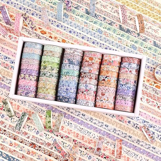 60 Rolls Flowers Theme Washi Tape Set with Different Colorful Patterns, Writable Decorative Tapes for Scrapbooking, Bible Journaling, Bullet Journaling, 0.39'' x 79'' per Roll