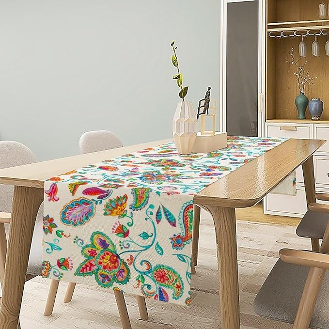 Paisley Table Runner, Watercolor Floral Oriental Indian Traditional Tulips Leaves Bohemian Paisley Print Table Runner for Kitchen Dining Tables Party Decor, 13x70inch