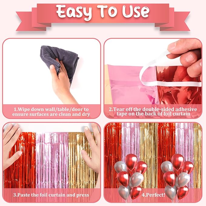 2 Pack Valentine Foil Fringe Backdrop Curtains, Tinsel Streamers Party Decorations, Fringe Backdrop, Door Shimmer for Valentine or Birthday Party