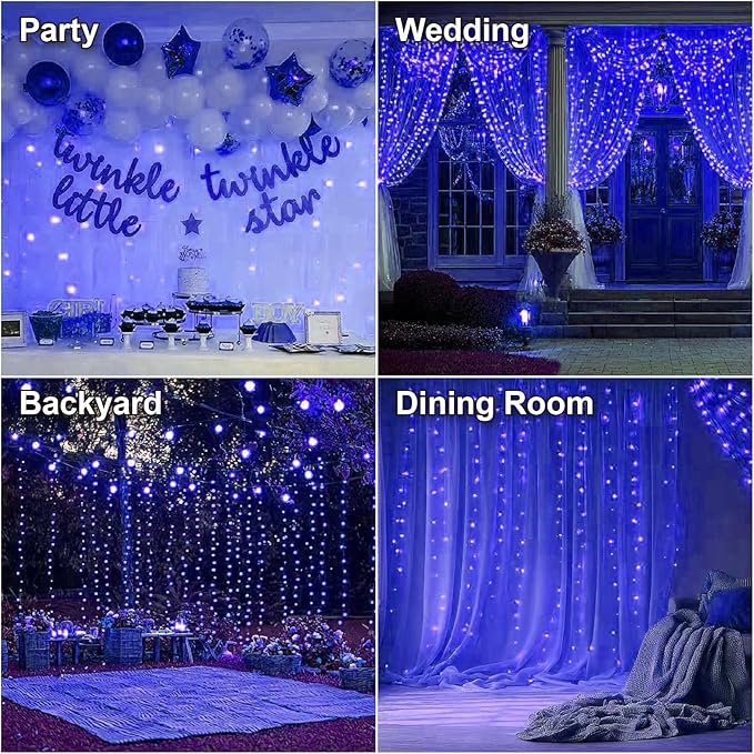 HXWEIYE 300LED Fairy Curtain Lights, 9.8x9.8Ft USB Plug-in 8 Modes Christmas String Hanging Lights with Remote for Bedroom Backdrop Wedding Party Indoor Wall Decor, Blue