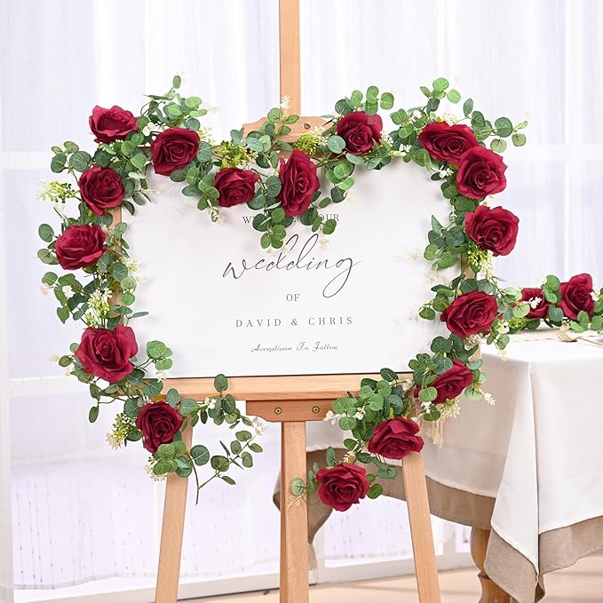 Dolicer 4Pcs 26Ft Artificial Eucalyptus Garlands with Flowers - 8 Roses, Faux Floral Greenery Garlands Fake Flowers Vines for Wedding Table Centerpieces Arch Party Ceremony Backdrop Decor (Red)