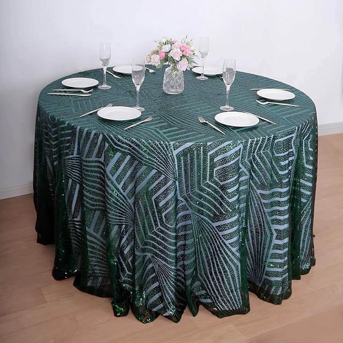 Efavormart 120" Hunter Emerald Green Sparkly Sequin Geometric Tulle Round Tablecloth