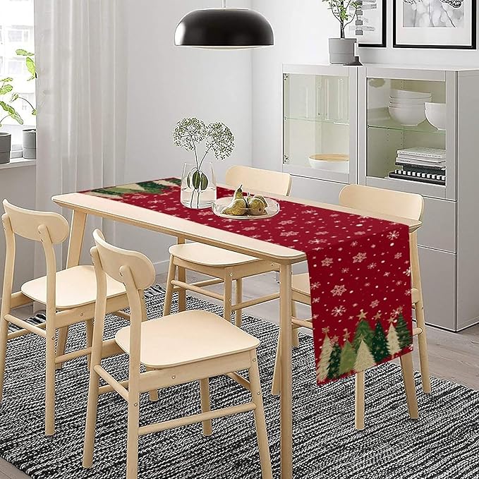 Merry Christmas Table Runner,Red Christmas Tree Snowflake Winter Seasonal Table Cloth Kitchen Dining Table Decoration for Home Party Decor 13x90 Inch