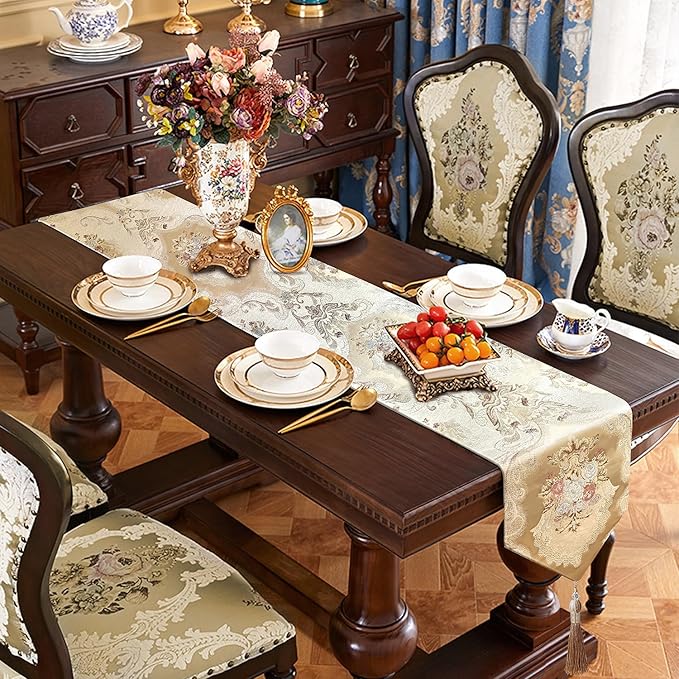 HeMiaor Chenille Jacquard Thick Table Runner Delicate Tassel for Meeting Decor and Dining Table Retro Embroidery Pattern for Christmas Festive Wedding Decoration Beige 60 inches Long