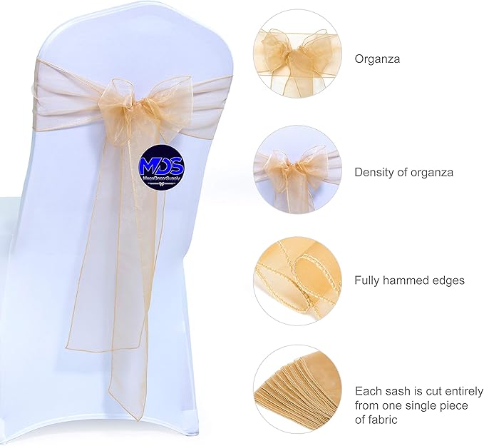 MDS Pack of 125 PCS Organza Chair Sashes Wider Dining Chair Bows Ribbon Tie Back for Wedding Party Birthday Bridal Shower Reception Event Banquet Home Chair Cover Decoration - Champagne Gold