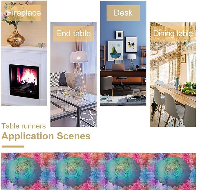 Green Mandala Table Runner, Bohemian Vintage Colorful Exotic Colorful Floral Print Table Runner for Wedding Dining Table Holiday Party Kitchen Home Decor, 13x90inch