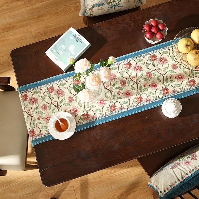 patdrea Designer French Elegant Wild Flowers Velvet Table Runner 71 Inch Long, Beige Pink Floral Pattern Table Mat, Decoration for Kitchen Dining Coffee Table Cabinet Banquet Thanksgiving,12"*71"