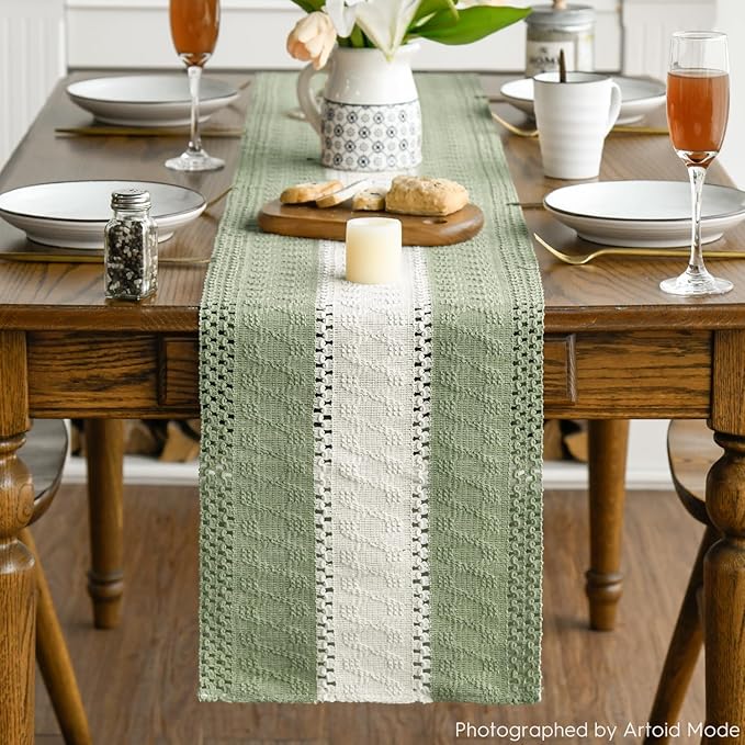 Artoid Mode Light Green Farmhouse Rustic Table Runner, Seasonal Hollow Kitchen Dining Table Decoration for Home Party Decor 12x36 Inch
