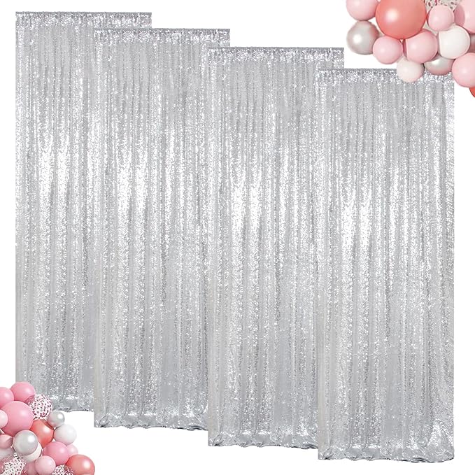 ShinyBeauty Sequin Curtains 4 Panels Silver Sequin Backdrop Photograph Backdrops Shimmer Background for Birthday Party New Year Decor Sparkle Fabric Gray Curtain (2FTx8FT)