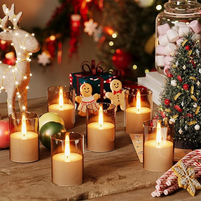 12Pack Flickering Flameless LED Candles with Timer, Battery Powered - Small Pillar & Votive, Acrylic Made, Gold (2"X3")