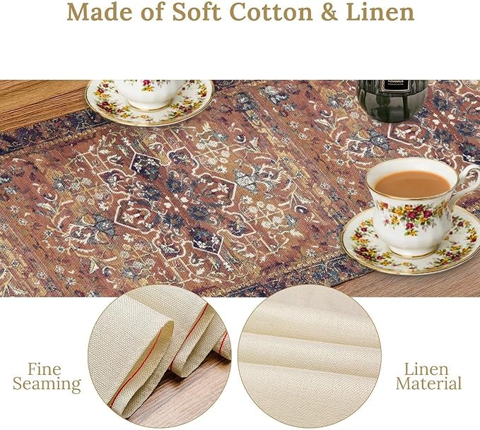 Boho Floral Vintage Table Runner, Purple Brown Retro Flower Rustic Country Farmhouse Abstract Pattern for Home Kitchen Table Decor Dining Coffee Room Party Decor 13x90in