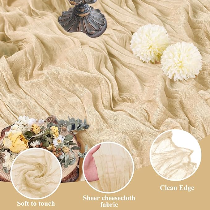 Asee'm Cheesecloth Table Runner 120 Inches Long Sand Boho Gauze Cheese Cloth Runner 10FT Rustic Sheer Fall Table Runners for Thanksgiving Wedding Party Baby Shower Decoration
