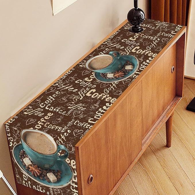 Coffee Theme Table Runner, Farmhouse Retro Brown Coffee Cup Tea Party Rustic Cafe Table Center Decor for Home Kitchen Dining Patio Holiday Party Indoor Outdoor Table Decorations,13"x72" Inch