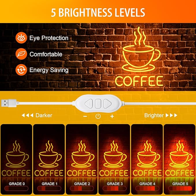 Coffee Neon Sign for Wall Decor, Dimmable USB Powered Bright Led Signs for Business Acrylic LED Neon Coffee Light up Sign for Shop Station Art Decor Party Decorations (15.7 * 12.8inches)