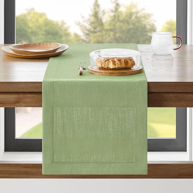 ZeeMart Linen Textured Border Table Runner, 14 x 108 Inch Green, Farmhouse Style Sage Green Table Runners 108 Inches Long, Easy Care Everyday Polyester Table Runner