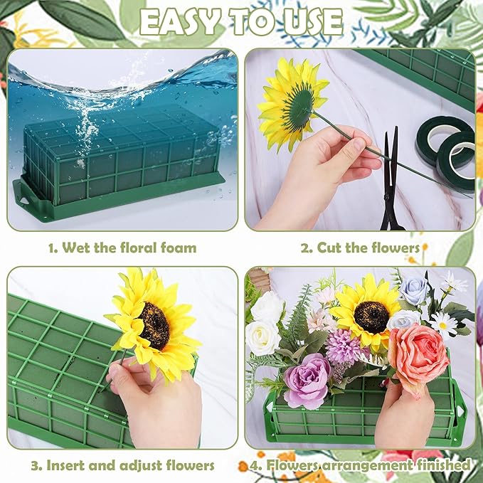 Aodaer 4 Pieces Floral Foam Cage with Floral Foam for Fresh and Artificial Flowers Rectangle Dry and Wet Flower Cage Bowl Holder for Wedding, Home and Garden Arrangement Decorations