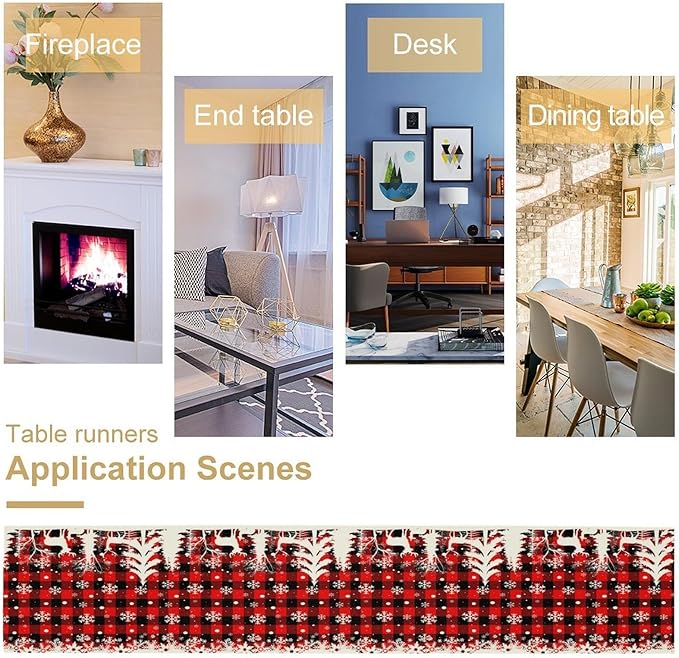 Christmas Table Runner,Red Black Plaid Xmas Snowflakes Deer Trees Print Tablecloth Burlap for Hotel Indoors Outdoor Dining Room Kitchen Home Decor,W13X L80 in