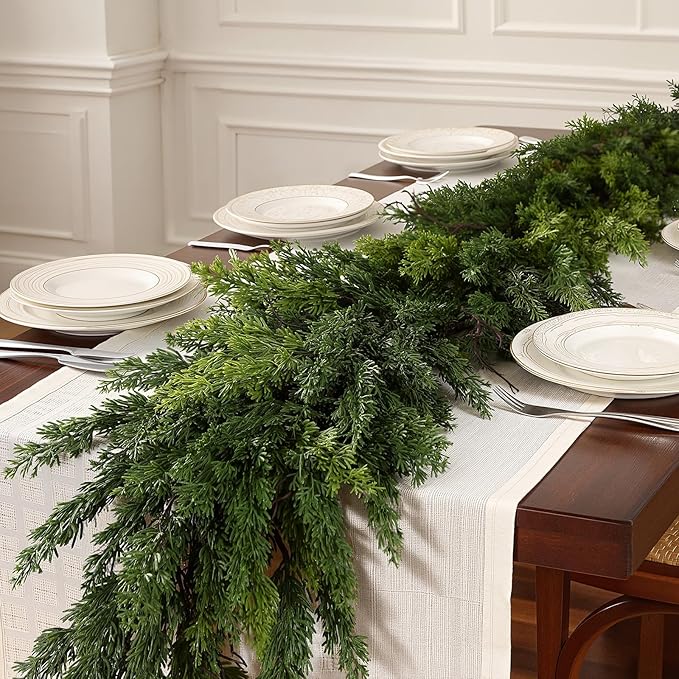 6FT Artificial Christmas Garland, Realistic Greenery Cypress Pine Garland for Mantle Table Railing Fireplace Indoor Outdoor Christmas Decoration