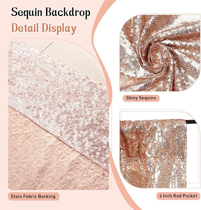SquarePie Sequin Backdrop Not See Through Thick Background Glitter Curtain Party 7FT x 7FT Rose Gold