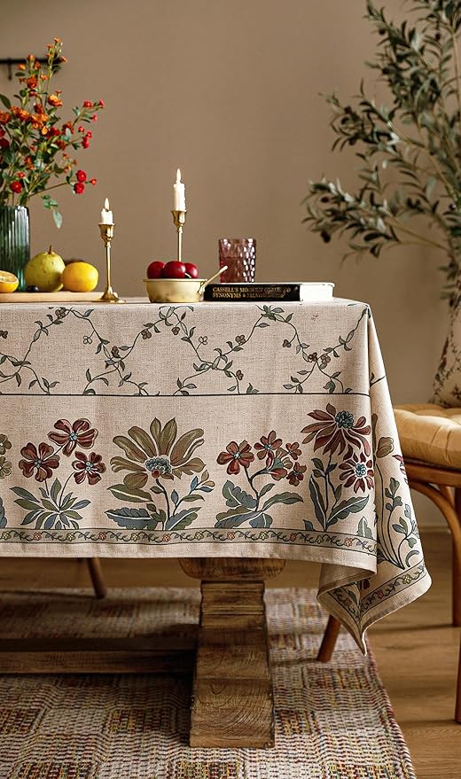 patdrea Designer Linen French Tablecloth for Rectangle Table,Fall Country Breathable Floral Tablecloths,Table Cover for Kitchen Dining,Tea Party,Christmas,Thanksgiving,55"x87"-Oliveirad