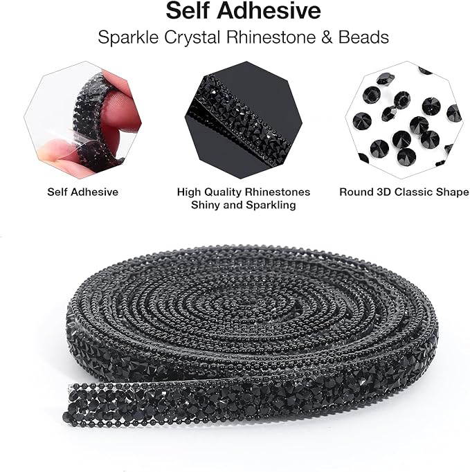 Black Rhinestone Ribbon 3 Yards Self Adhesive Rhinestone Strips Diamond Ribbon Sticker Crystal Roll Glitter Bling Rhinestones Tape for Crafting DIY Art Decoration (0.4 Inch)