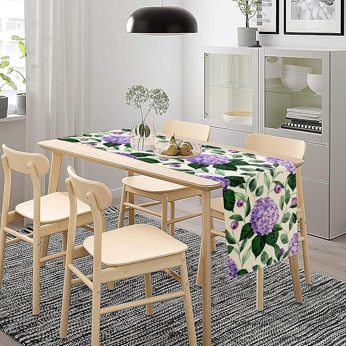 Spring Hydrangea Flower Table Runner, Seasonal Summer Plants Eucalyptus Leaves Purple Florals Dinner Runner for Home Kitchen Dining Table Party Holiday Decoration 13"x108"