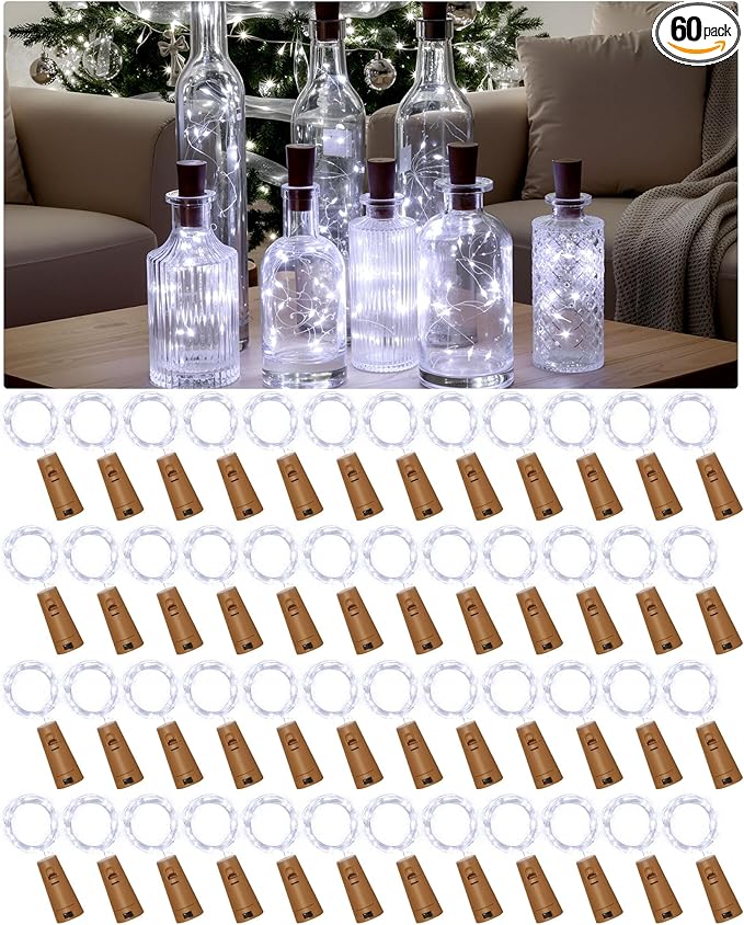 Hortsun 60 Pack Wine Bottle Lights with Cork Fairy Mini String Lights Battery Operated Mini Waterproof 7 ft Silver Wire 20 Led Cork Shape for Christmas, DIY, Party, Decor, Wedding, Bar(Cool White)