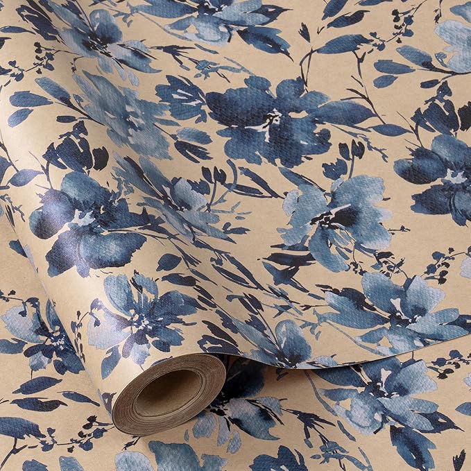RUSPEPA Blue Floral Wrapping Paper Roll, 17 in x 16.4 ft, Mini Roll, Indigo Gift Wrap, Watercolor Flower Kraft Wrapping Paper Roll for Girls, Women, Spring, Wedding and Birthday