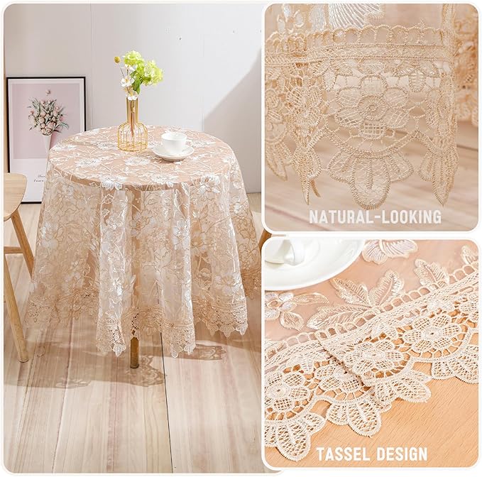 Round Embroidered Lace Tablecloth Vintage Decorative Exquisite Border Table Cover for Party Wedding Home Decorations, Round-70, Beige