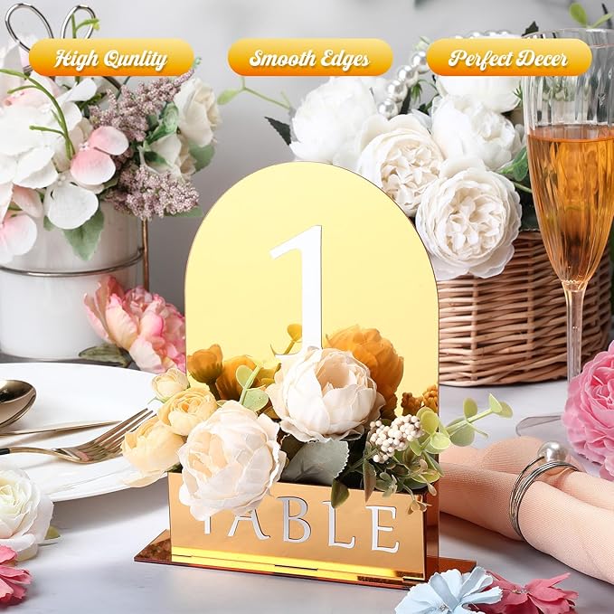 Table Number 1-15 for Wedding Reception Arch Acrylic Wedding Table Number with Flower Trough 5" x 7" Mirrored Rustic Centerpiece for Reception Bridal Shower Party Catering Banquet(Gold)