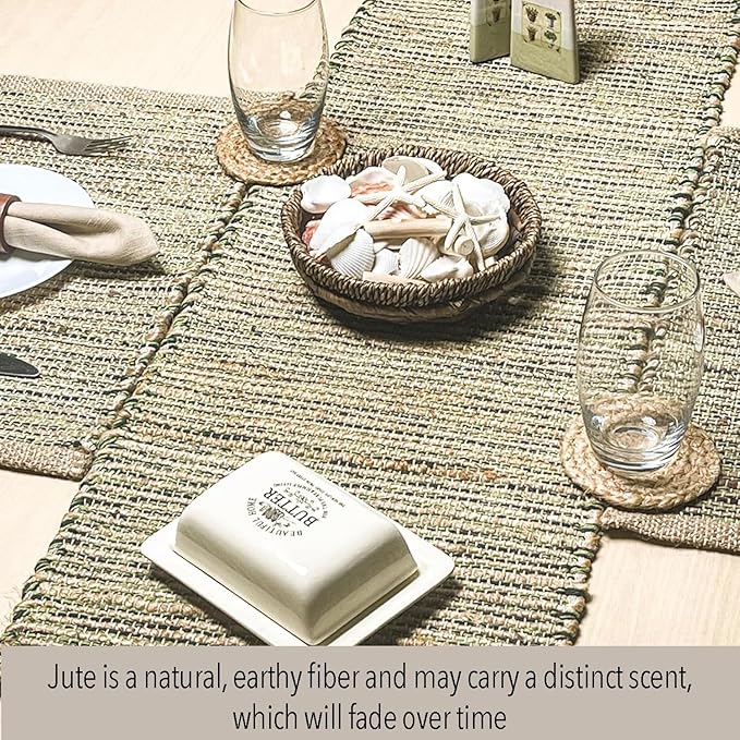 Chardin Home Natural Jute Table Runner 13x72 Inch – Vintage Boho Rustic Table Decor – Handwoven Table Runner in Natural Jute and Green – Farmhouse Dining or Console Table Accent