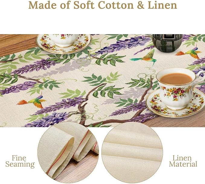 Vintage Bird Flower Table Runner Seasonal Spring Purple Wisteria Garden Plants Lavender Florals Farmhouse Country Kitchen Dinner Runner Dining Table Decoration for Home Party Holiday 13"x120"