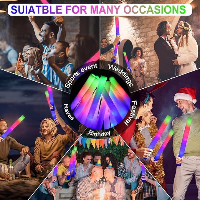 LifBetter 192 Pcs Foam Glow Sticks Bulk,Led Glow Sticks with 3 Modes Colorful Flashing,Long Life Battery Glow In The Dark Party Supplies for Weddings,Parties,Festivals,Sporting Events