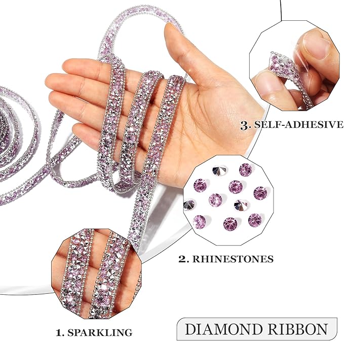 Rhinestone Ribbon 3 Yards Self Adhesive Rhinestone Strips Diamond Ribbon Sticker Crystal Roll Glitter Bling Rhinestones Tape for Crafting DIY Art Decoration (Purple,0.4 Inch)