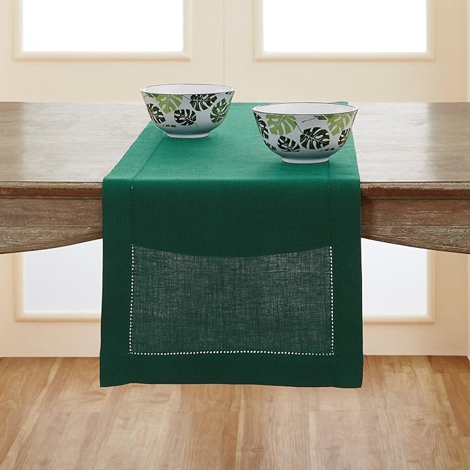 Solino Home Linen Table Runner 108 Inches Long - 100% Pure Linen Rainforest Green Table Runner 14 x 108 Inch for Fall, Autumn, Thanksgiving, Christmas - Classic Hemstitch