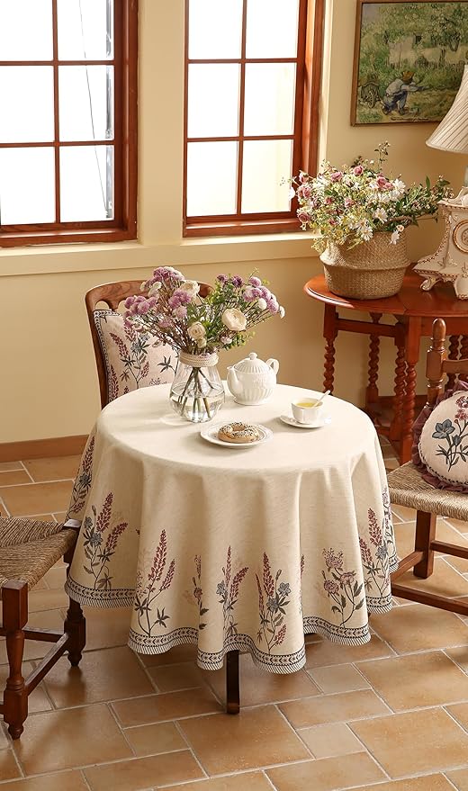 ISAENNE French Tablecloth for Round Tables,Linen Table Cloth with Colorful Flowers Pattern,Heavy Durable Table Cover for Dining Thanksgiving Kitchen Decor Party Christmas,Diameter 67"