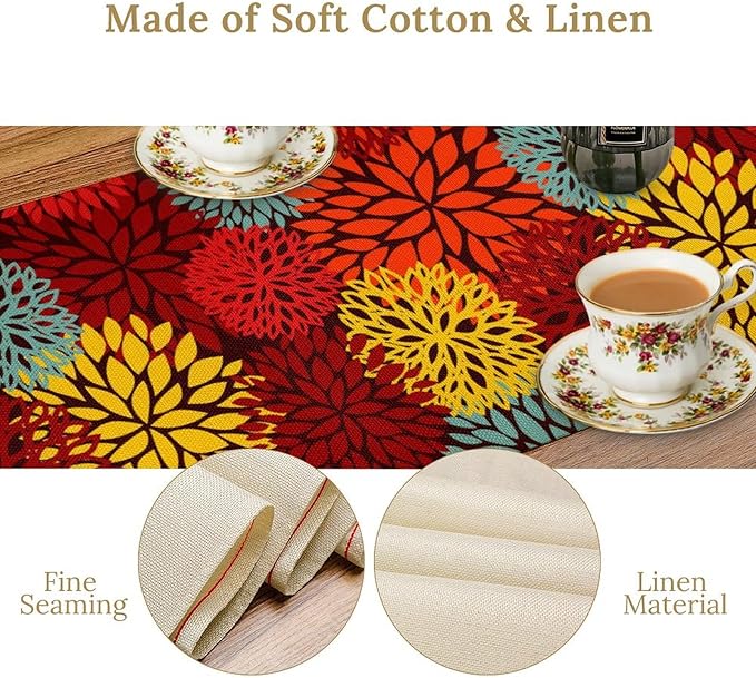 Red Yellow Dahlia Table Runner, Seasonal Autumn Thanksgiving Pattern Print for Home Kitchen Table Decor Dining Coffee Room Party Decor 13x36 Inch
