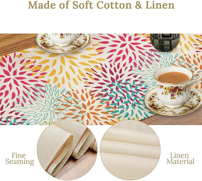 Abstract Flowers Table Runner, Chrysanthemum Dahlia Vintage Modern Colorful Spring Summer Elegant Table Runner for Party Kitchen Dining Living Room Laundry Room Decor, 13x36 Inch