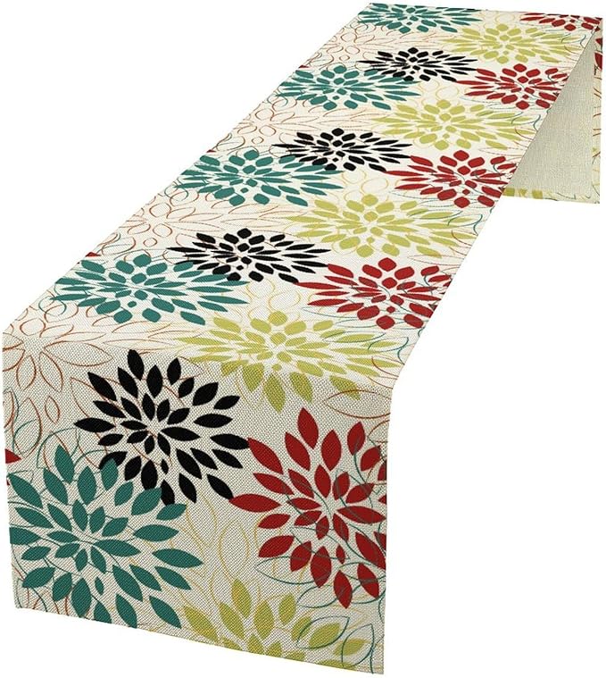 Abstract Red Dahlia Vintage Table Runner, Geometric Lines Mid Century Vintage Modern Colorful Table Runner for Party Kitchen Dining Living Room Laundry Room Decor, 13x90 Inch