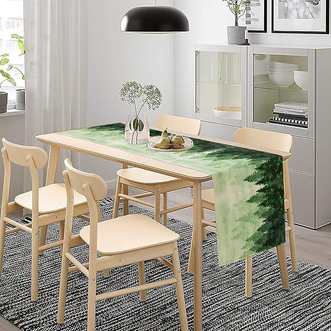 Foggy Forest Table Runner,Watercolor Wreen Misty Forest Landscape Table Runner for Kitchen Dining Table Home Party Decoration 13x36 Inch