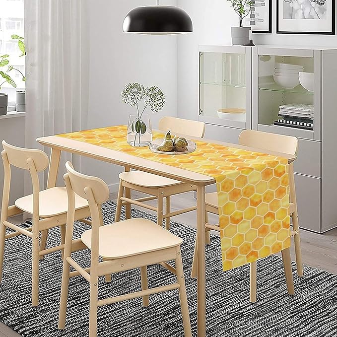 Honeycomb Bee Table Runner, Cute Abstract Geometric Yellow Honeycombs Print Table Cover for Kitchen Dining Table Indoor Outdoor Party Decor, 13x108inch