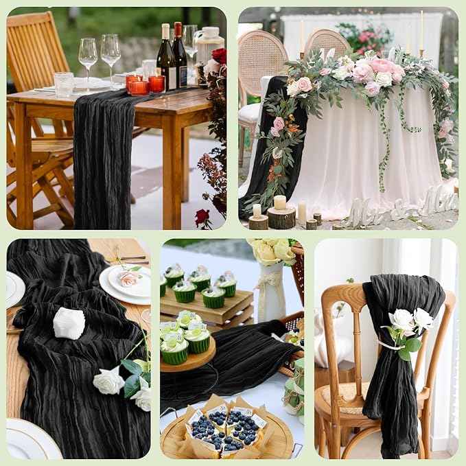 Asee'm 3pcs Cheesecloth Table Runner 120 Inches Long Black Boho Gauze Cheese Cloth Runner 10FT Rustic Sheer Table Runners for Christmas Wedding Party Baby Shower Spring Easter Decoration